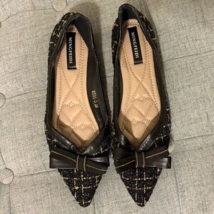 MINGFEIDI Black & Gold Ballet Pointed Toe Tweed Women's Flats💎EUC size 8.5